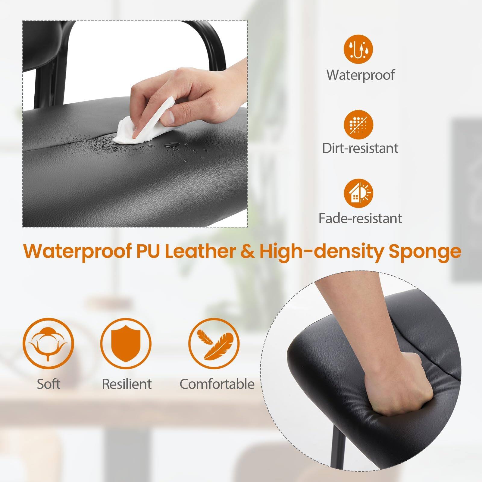 Waterproof PU Leather & High-density Sponge

- Waterproof
- Dirt-resistant
- Fade-resistant
- Soft
- Resilient
- Comfortable
