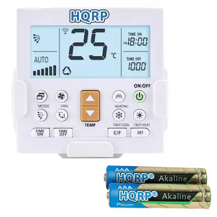 AUTO HQRP 25 C TIME ON PM 18:00 TIME OFF 1000 ON/OFF SSEE 1000 MODE FAN HEATING TIME ON TIME OFF TEMP FAST COOL FAST HEAT C/F SET AAA R HORP Akaline AAA HQRP Akaline Power