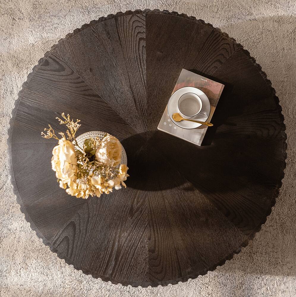 Alt View 4. Trinkets Crazed - Solid Round Coffee Table, Pedestal Design With Rustic Wood Grain | Space-Saving Accent Table - Brown.