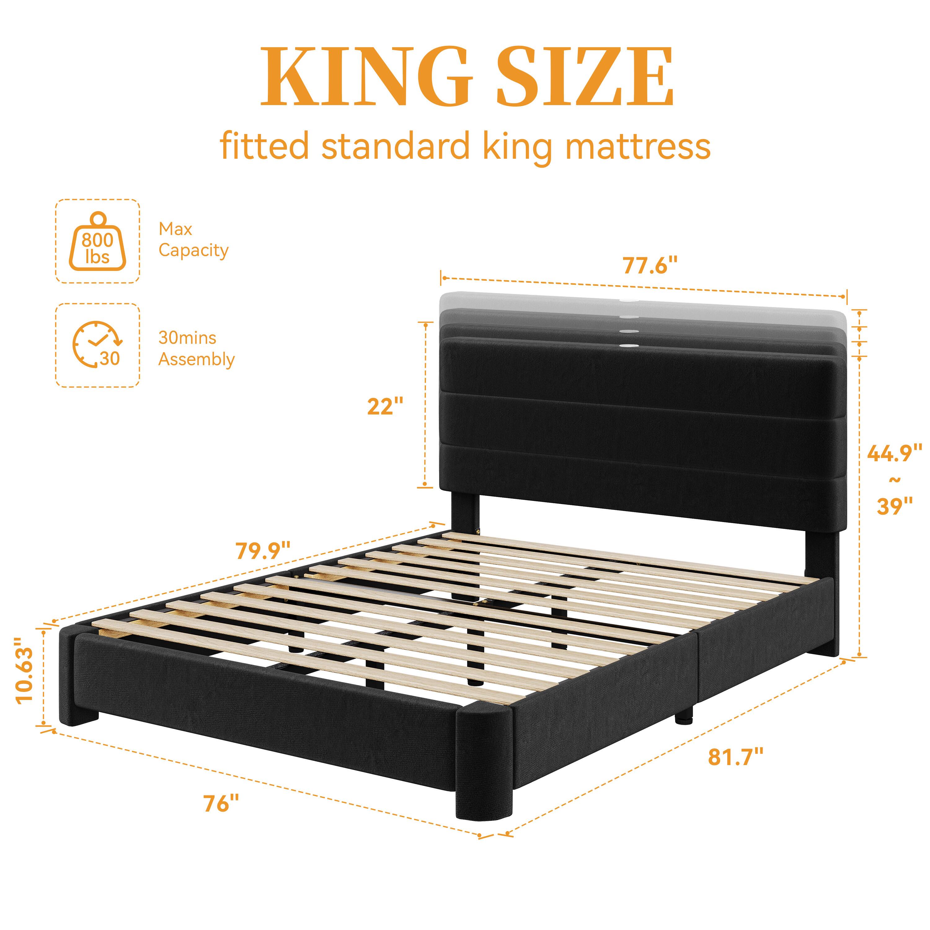 KING SIZE fitted standard king mattress

800 lbs Max Capacity

77.6" 44.9" 39" 10.63" 79.9" 76" 81.7"