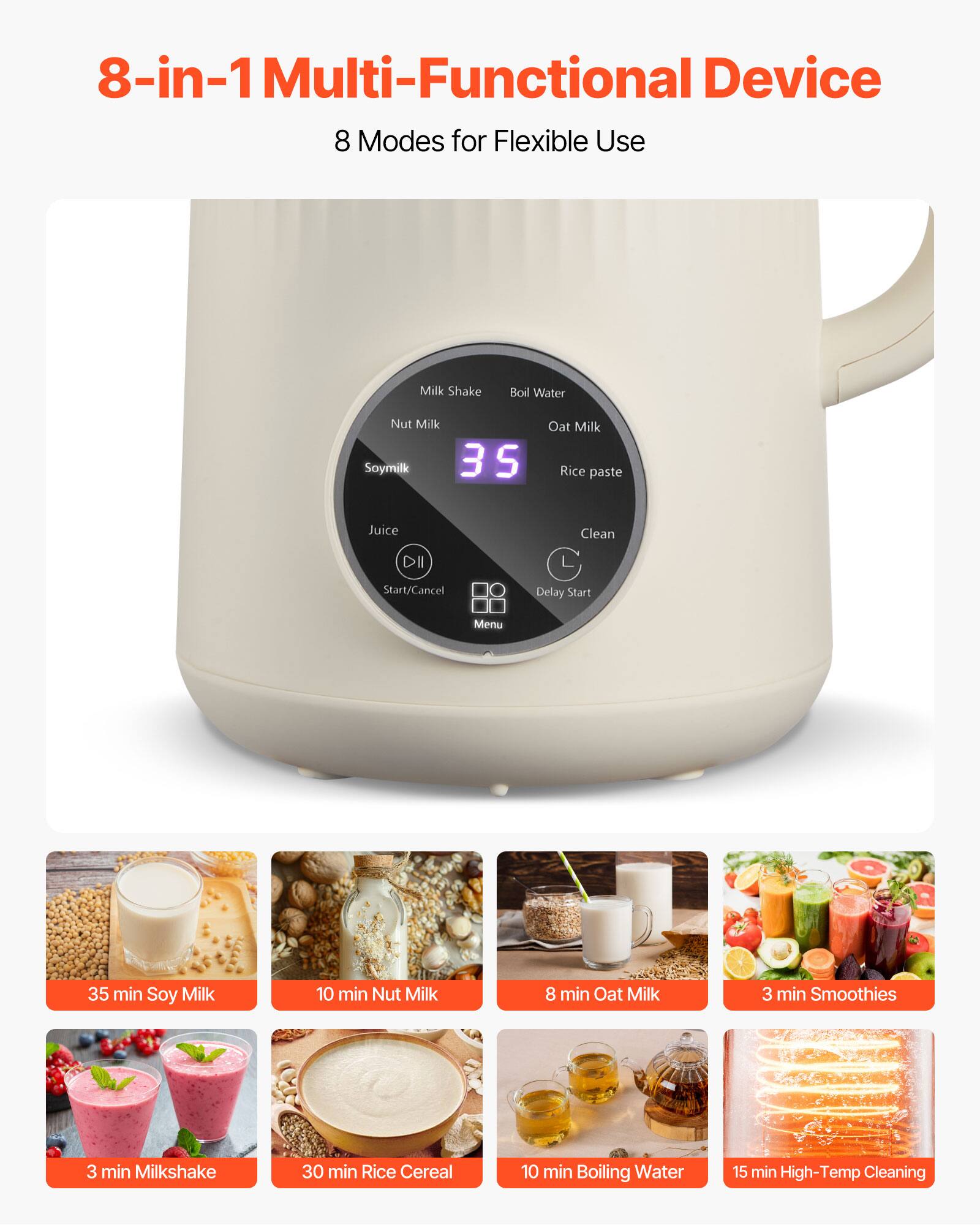 8-in-1 Multi-Functional Device  
8 Modes for Flexible Use  

- Milk Shake  
- Boil Water  
- Nut Milk  
- Soy Milk  
- Oat Milk  
- Rice paste  
- Juice  
- Clean  

35 min Soy Milk  
10 min Nut Milk  
8 min Oat Milk  
3 min Smoothies  
3 min Milkshake  
30 min Rice Cereal  
10 min Boiling Water  
15 min High-Temp Cleaning