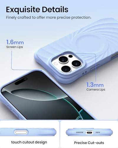 Exquisite Details  
Finely crafted to offer more precise protection.  
1.6mm Screen Lips  
1.3mm Camera Lips  
touch cutout design  
Precise Cut-outs
