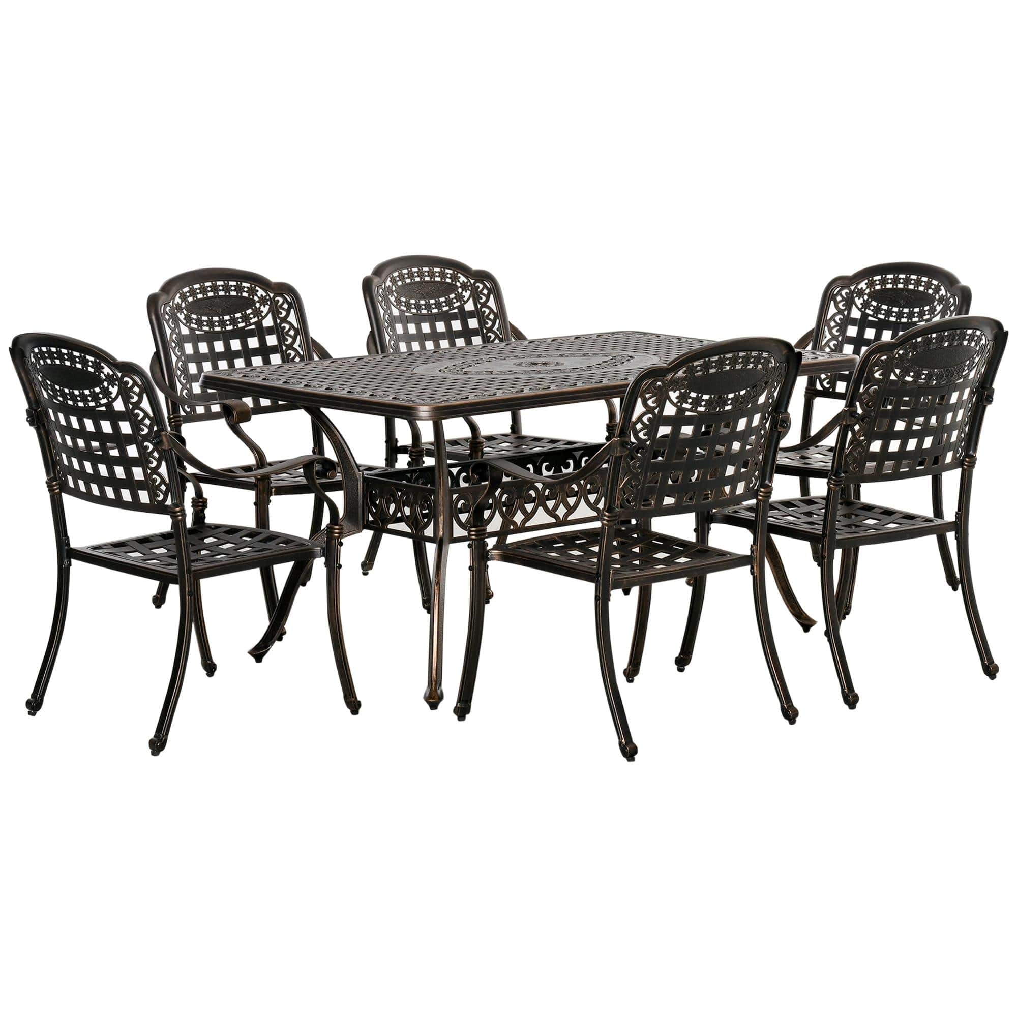 Resenkos - 7-Piece Patio Dining Set, Six Armchairs And A Matching Table, Cast Aluminum - Bronze