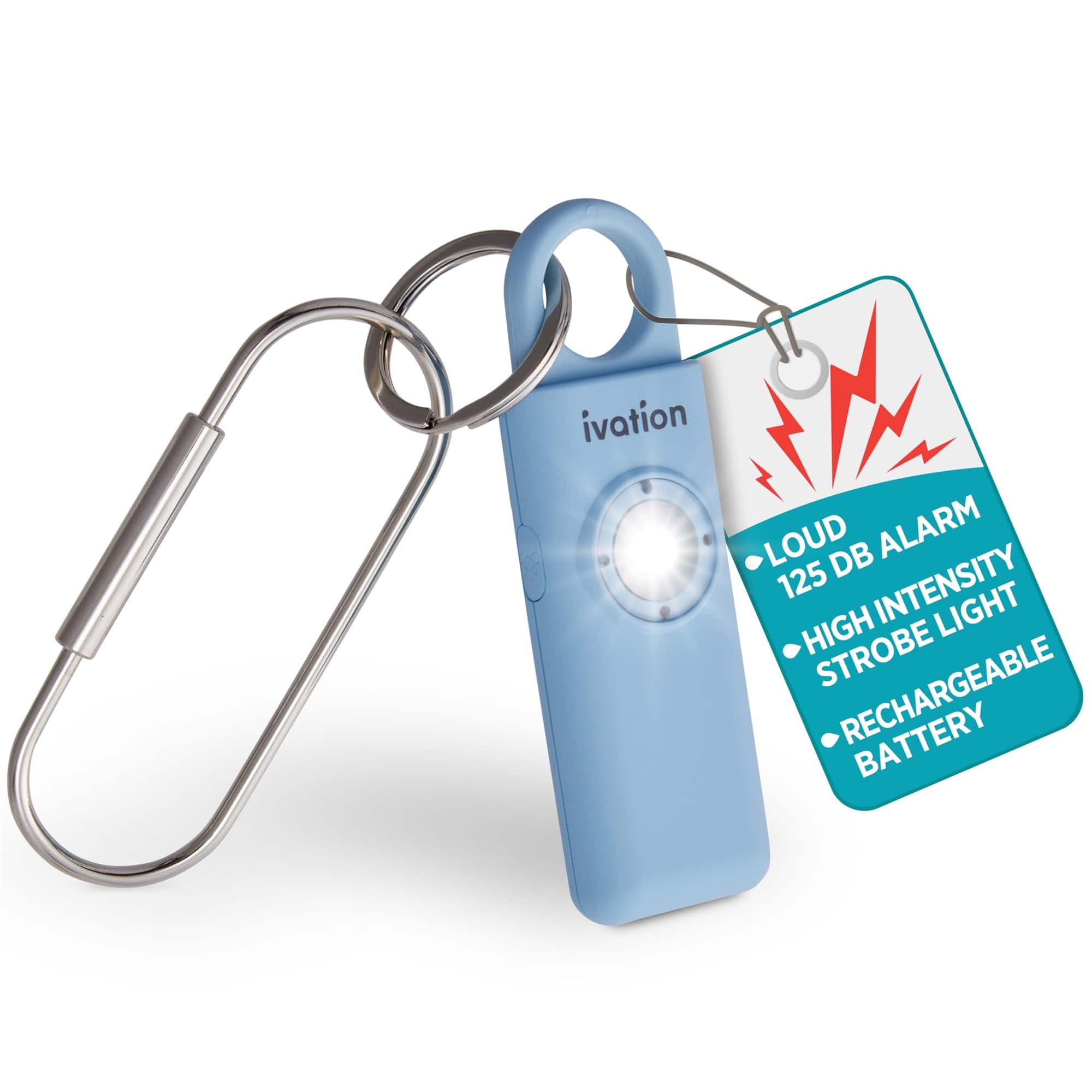 Ivation - Personal SOS Keychain Alarm, 130 dB Rechargeable Personal Alarm w/LED Strobe Light - Blue