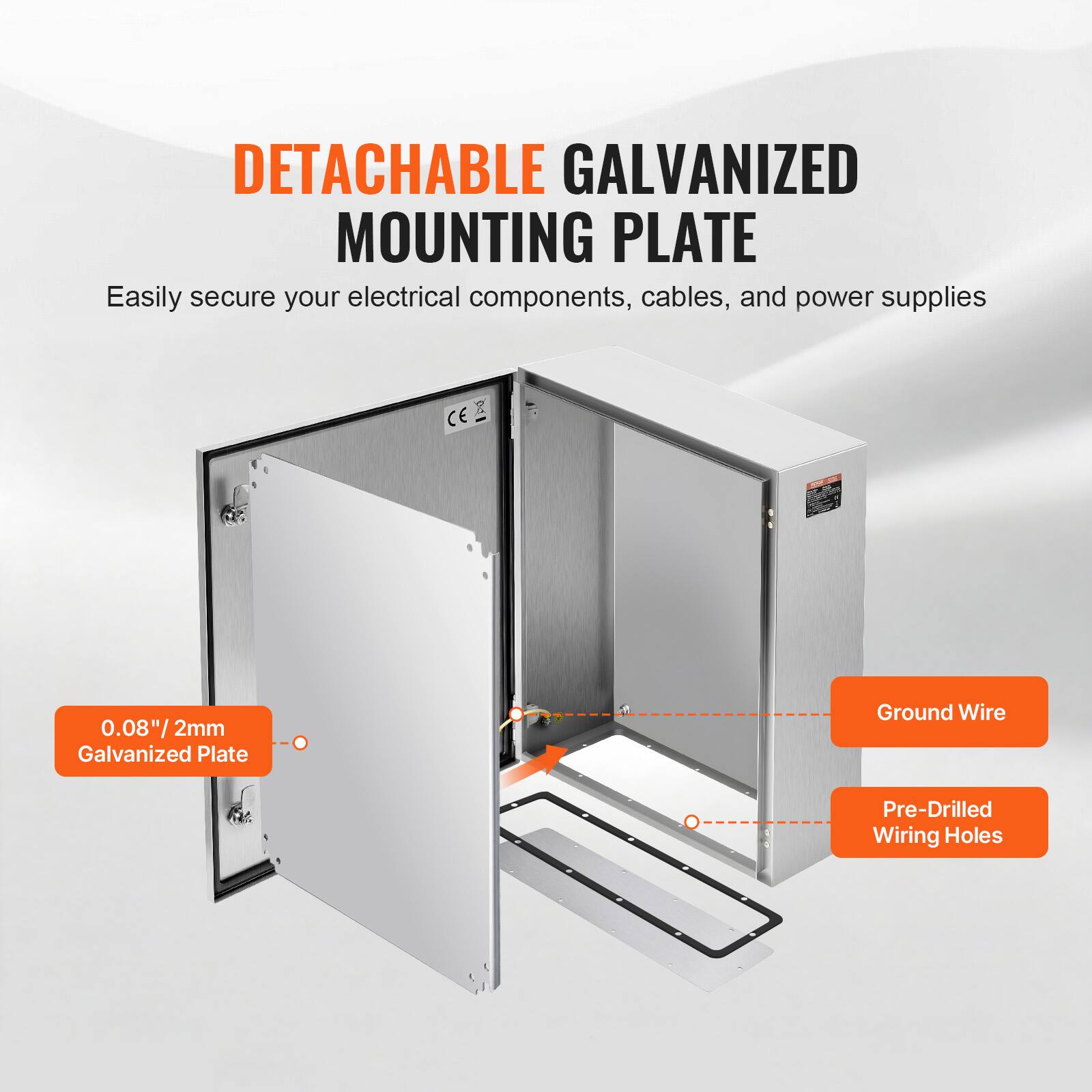 DETACHABLE GALVANIZED MOUNTING PLATE

Easily secure your electrical components, cables, and power supplies

CE

0.08"/2mm Galvanized Plate

Ground Wire

Pre-Drilled Wiring Holes