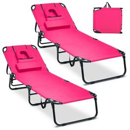 Gymax - 2PCS 5-Position Lounge Chair Adjustable Beach Chaise w/ Face Cavity & Pillows - Pink