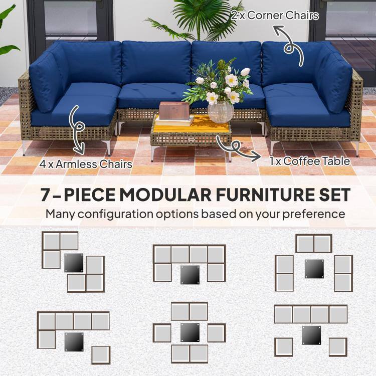 2x Corner Chairs  
4x Armless Chairs  
1x Coffee Table  
7-PIECE MODULAR FURNITURE SET  
Many configuration options based on your preference