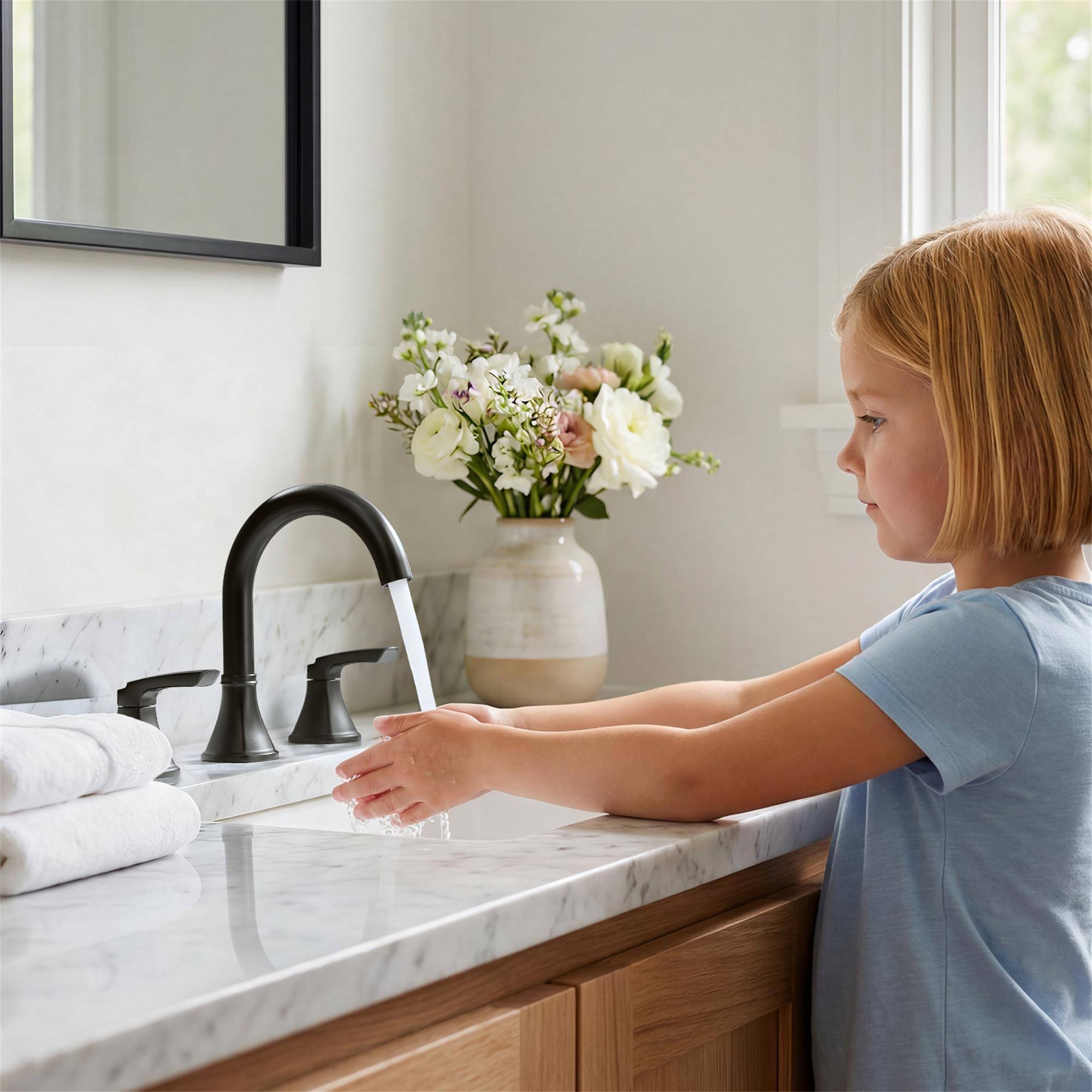Alt View 4. Boyel Living - Matte Black 8 Inch 3 Hole Bathroom Faucet with Pop Up Drainer High Arc Gooseneck - Black.