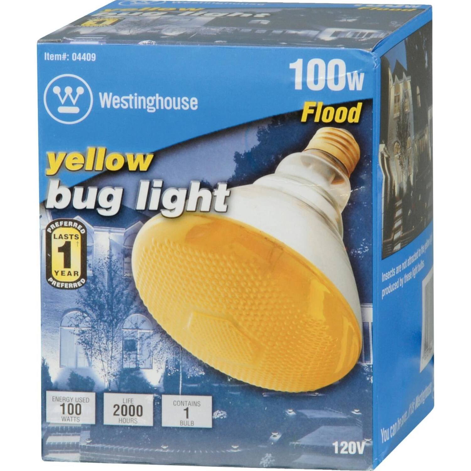 Item#: 04409  
Westinghouse yellow bug light  
PREFERRED LASTS 1 YEAR  
PREFERRED 100w Flood  
Insects are not attracted to the light produced by these flood lights  
ENERGY USED 100 WATTS  
LIFE 2000 HOURS  
CONTAINS 1 BULB  
120V