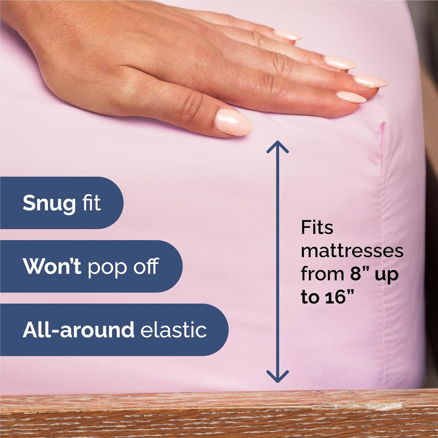 - Snug fit
- Won't pop off
- All-around elastic
- Fits mattresses from 8" up to 16"