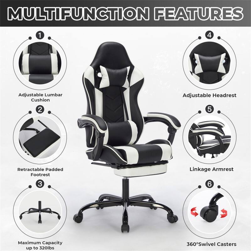 MULTIFUNCTION FEATURES

1. Adjustable Lumbar Cushion
2. Adjustable Headrest
3. Retractable Padded Footrest
4. Linkage Armrest
5. Maximum Capacity up to 320lbs
6. 360° Swivel Casters
