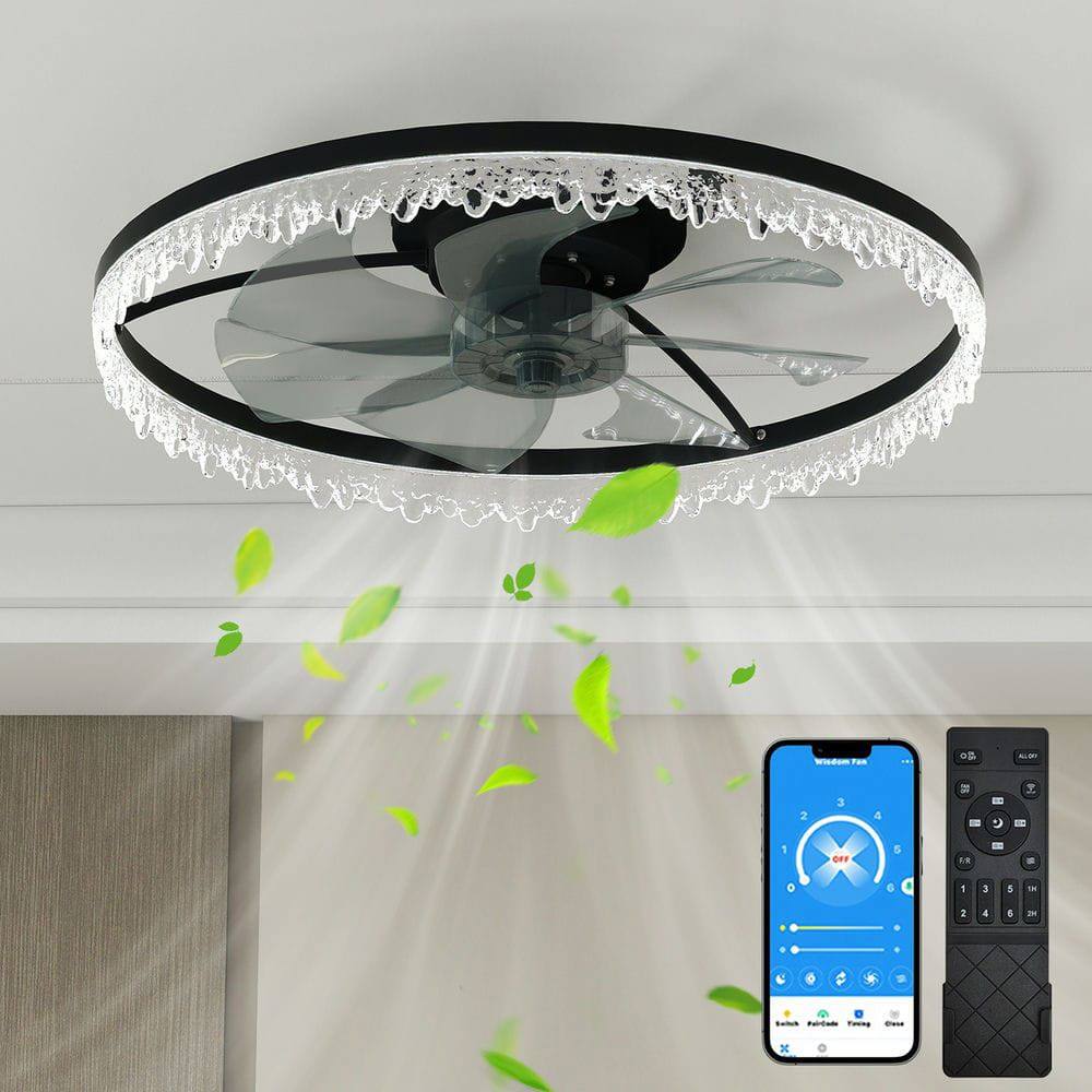 Front. Kadyn - Luxury Crystal Ceiling Fan with Lights – 24'' Flush Mount LED Chandelier Fan with 5 Invisible Blades, Black - Black.