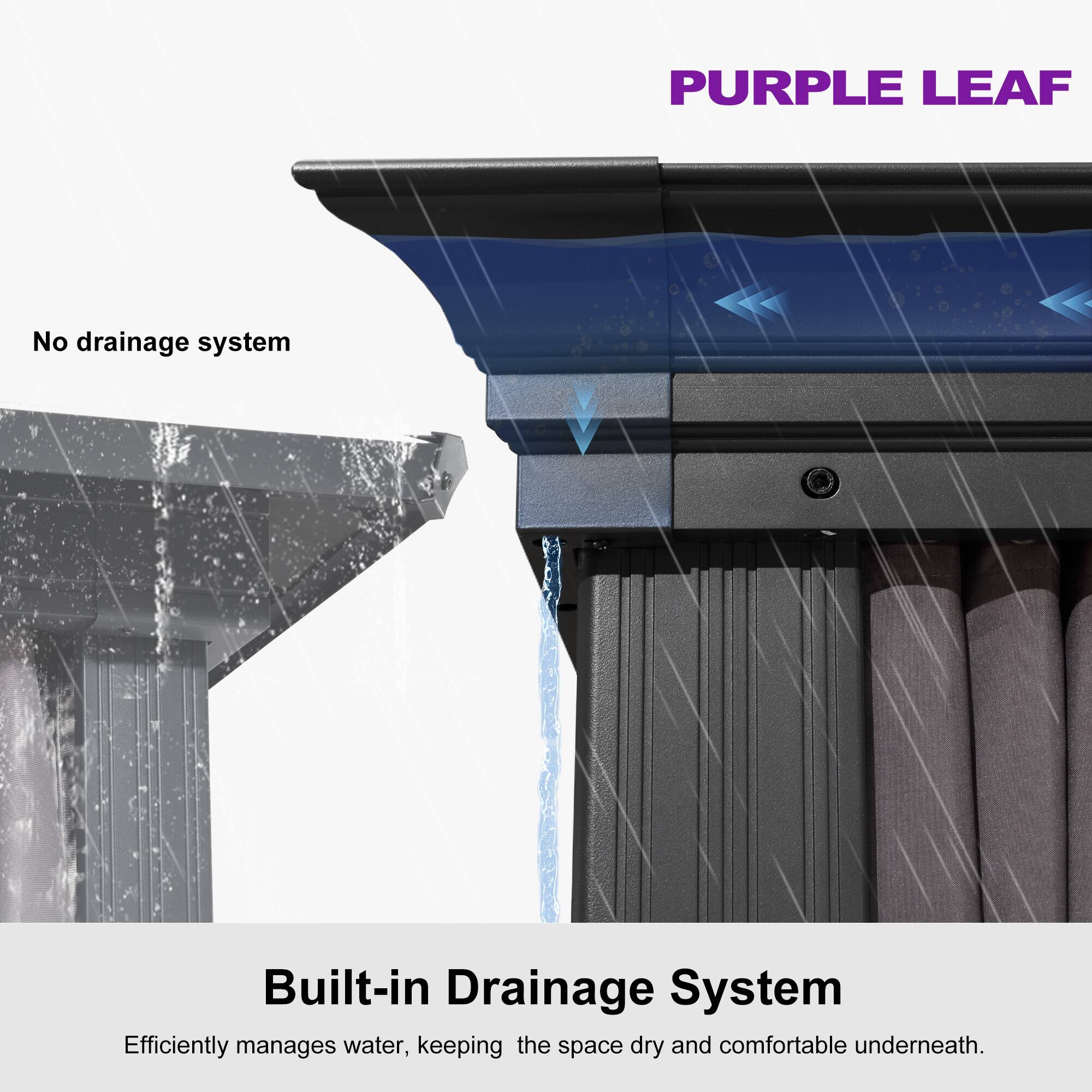 PURPLE LEAF

No drainage system

Built-in Drainage System

Efficiently manages water, keeping the space dry and comfortable underneath.