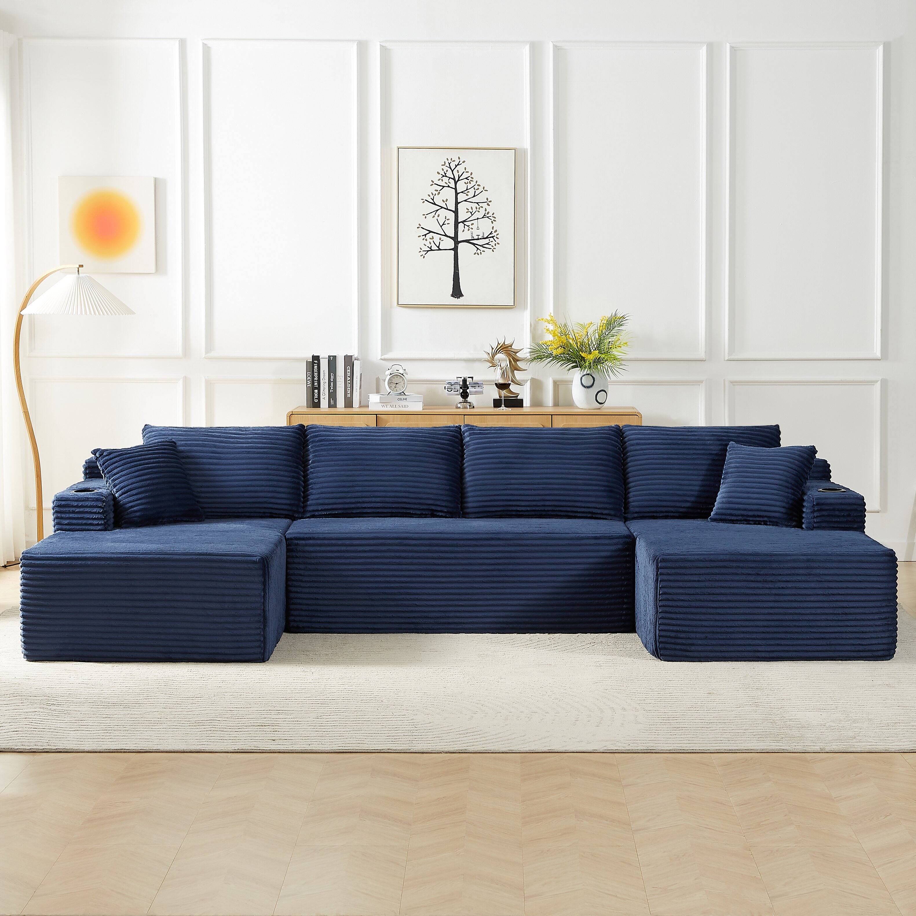 Alt View 2. Aukfa - U-Shaped Sectional Sofa Set - Minimalist Modular Design, Corduroy Cloud Couch for Living Room - Blue.