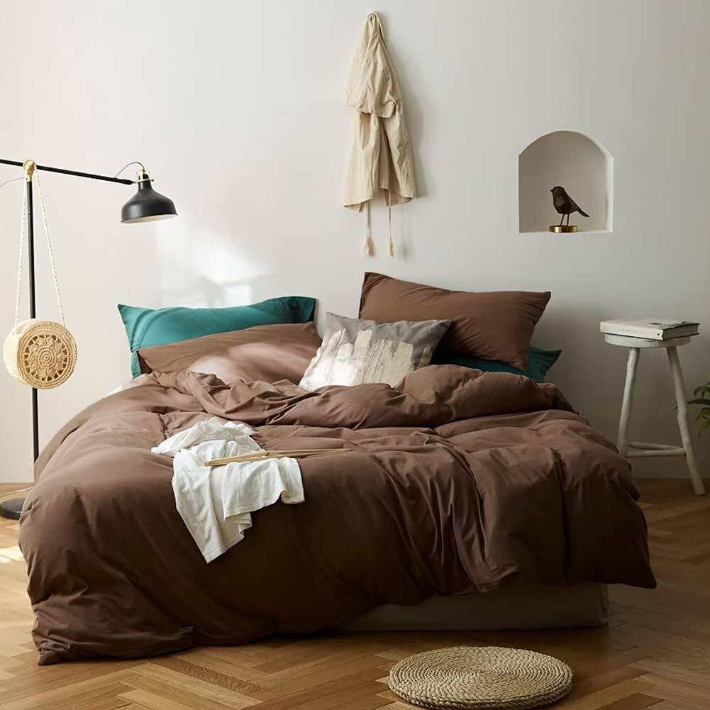 Left. Cedar Assembly - Duvet Cover Solid Mocha Coffee Color Bedding 3 Pieces Minimalist Soft Microfiber Comforter With Zipper Ties - Brown-Queen.