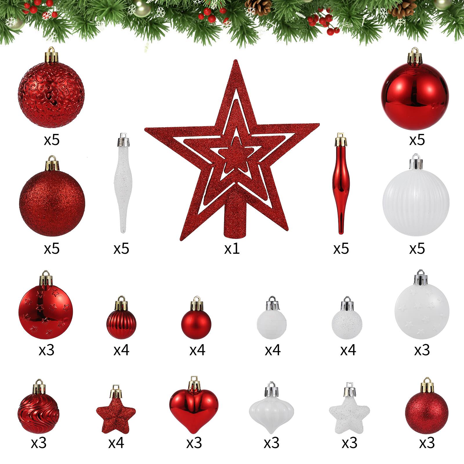 Angle. Acekool - 72Pcs Christmas Balls Ornaments Xmas Hanging Balls Christmas Tree Decorations for New Year Home Decor Wine Red White - Red White.