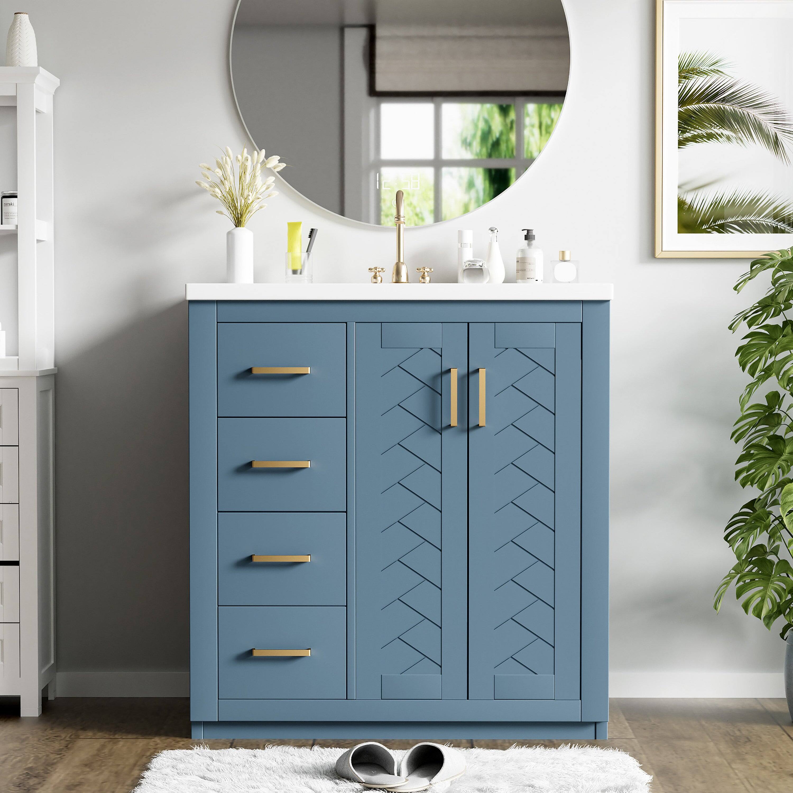 Alt View 3. Boyel Living - 30 Inch Bathroom Vanity Indigo with Ceramic Sink Solid Wood Frame 3 Drawers 1 Cabinet - Blue.