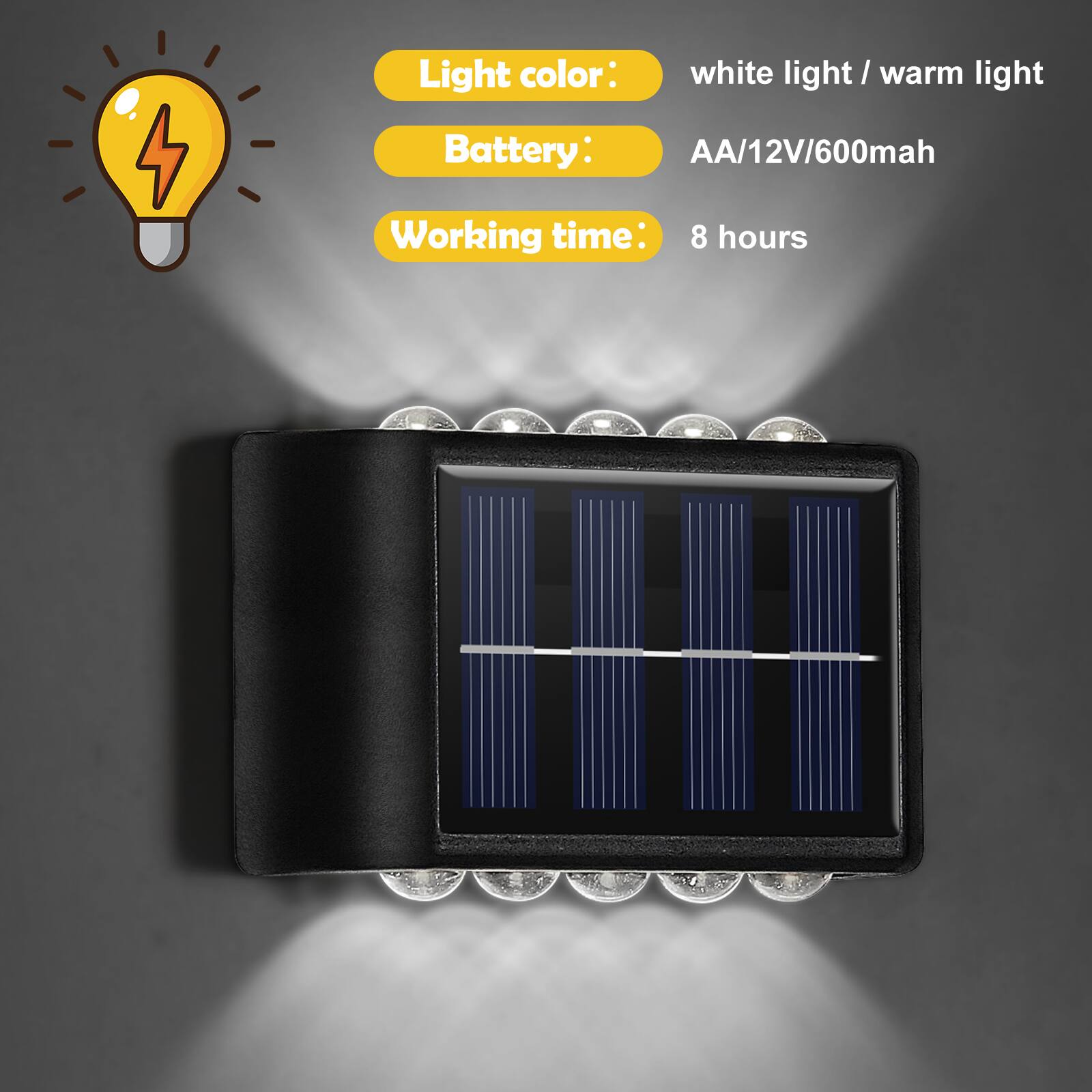 Light color: white light / warm light  
Battery: AA/12V/600mah  
Working time: 8 hours