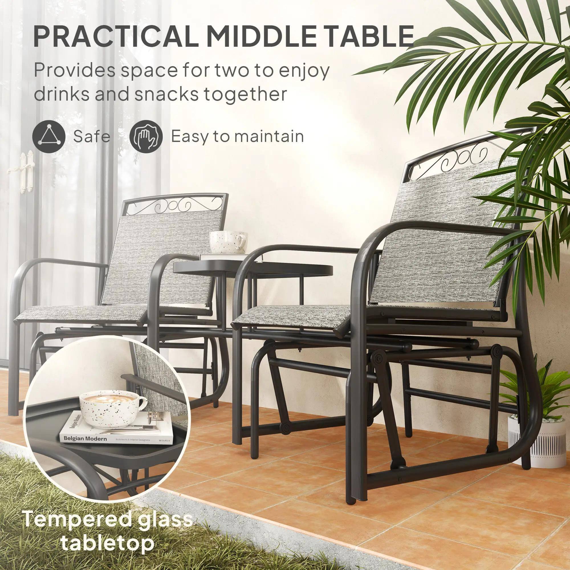 PRACTICAL MIDDLE TABLE  
Provides space for two to enjoy drinks and snacks together  

Safe  
Easy to maintain  

Tempered glass tabletop