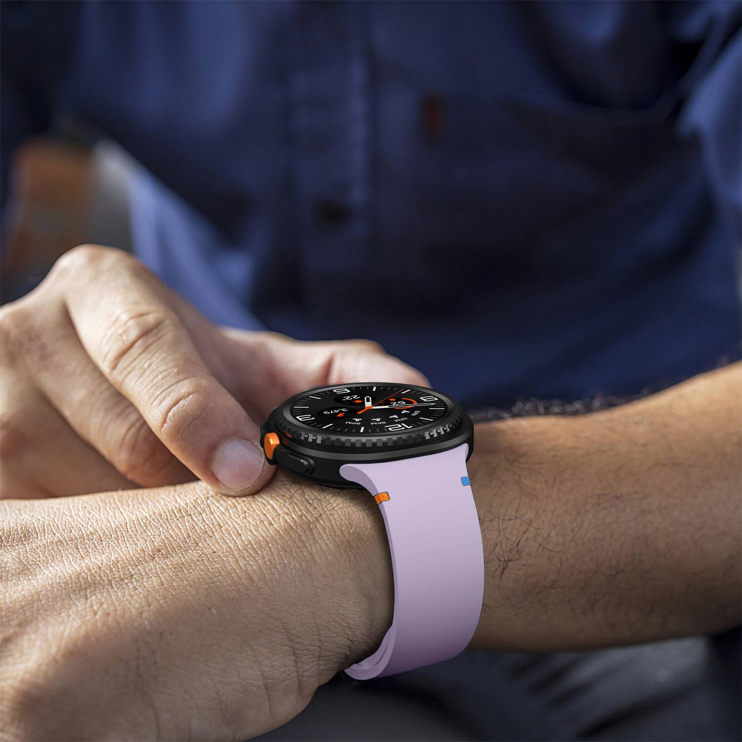 Left. StrapsCo - Active Band Silicone Rubber Watch Strap For Samsung Galaxy Watch 8 (Medium-Long) - Purple.