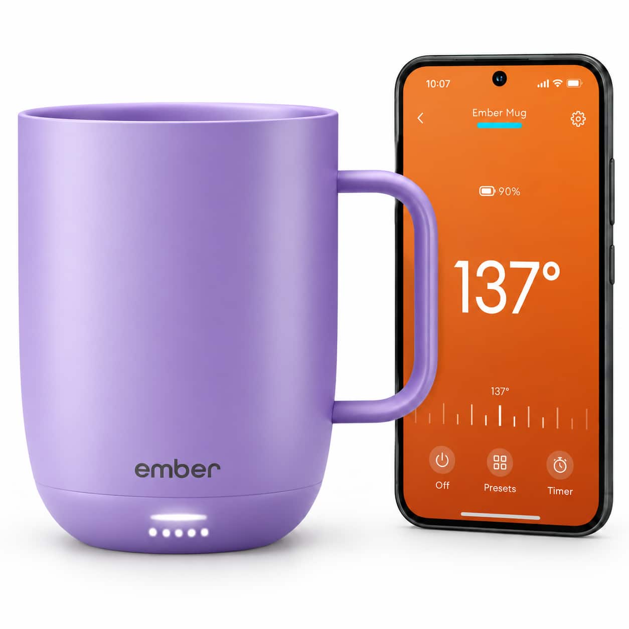 10:07  
Ember Mug  
C  
90%  
137°  
137°  
ember  
Off  
Presets  
Timer
