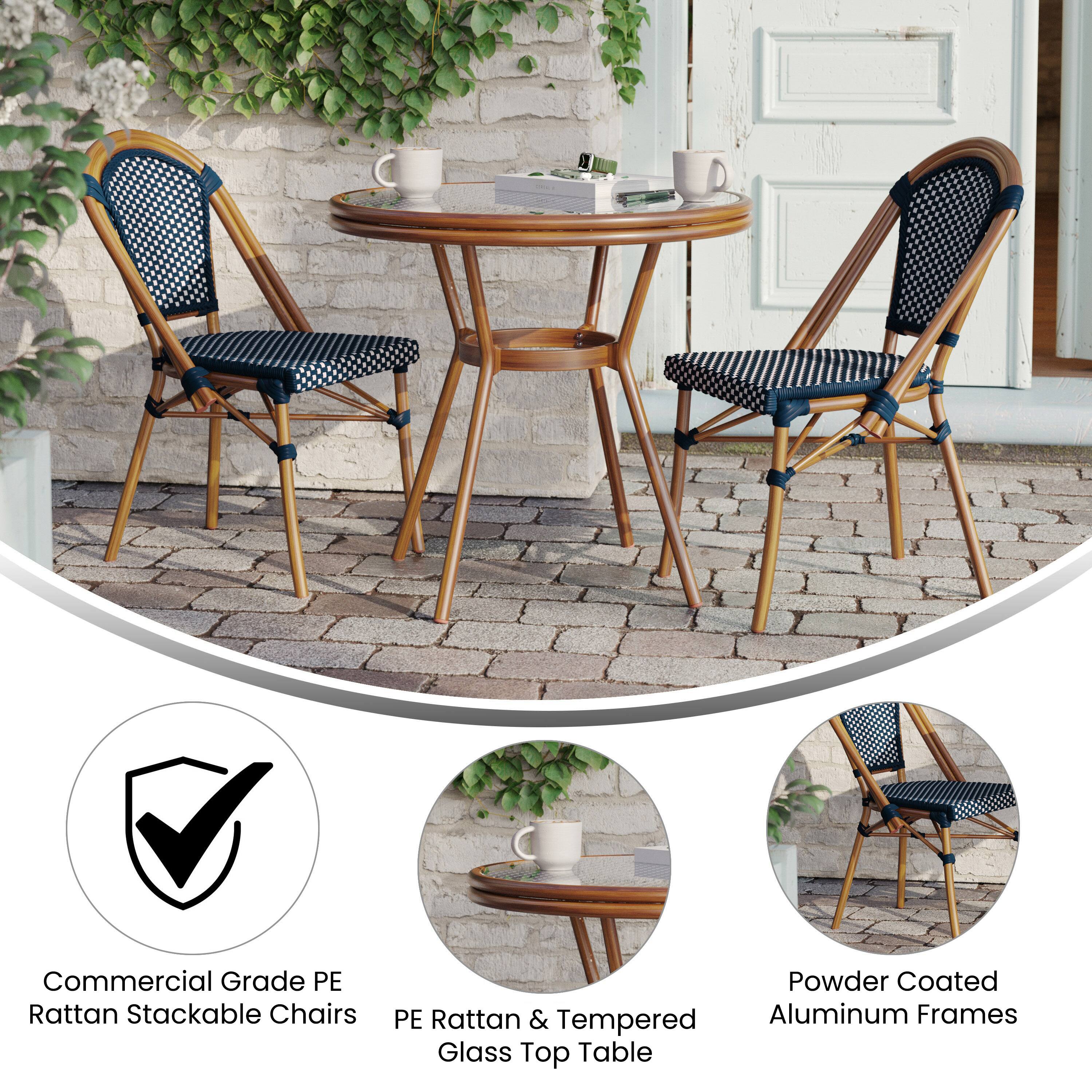 Commercial Grade PE Rattan Stackable Chairs  
Powder Coated PE Rattan & Tempered Aluminum Frames  
Glass Top Table