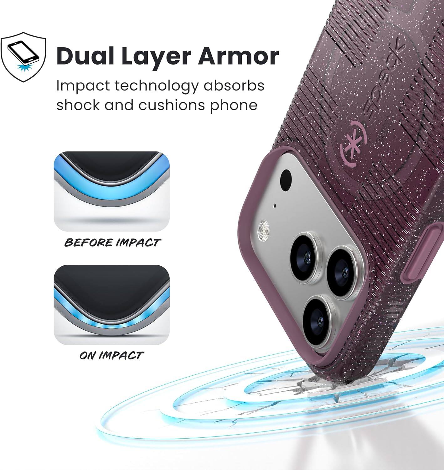 Dual Layer Armor  
Impact technology absorbs shock and cushions phone  

BEFORE IMPACT  
ON IMPACT