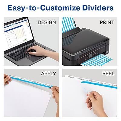 Easy-to-Customize Dividers

DESIGN  
PRINT  
APPLY  
PEEL  

PROFIT  
SHARE  
TRENDS  
SALES  
COSTS