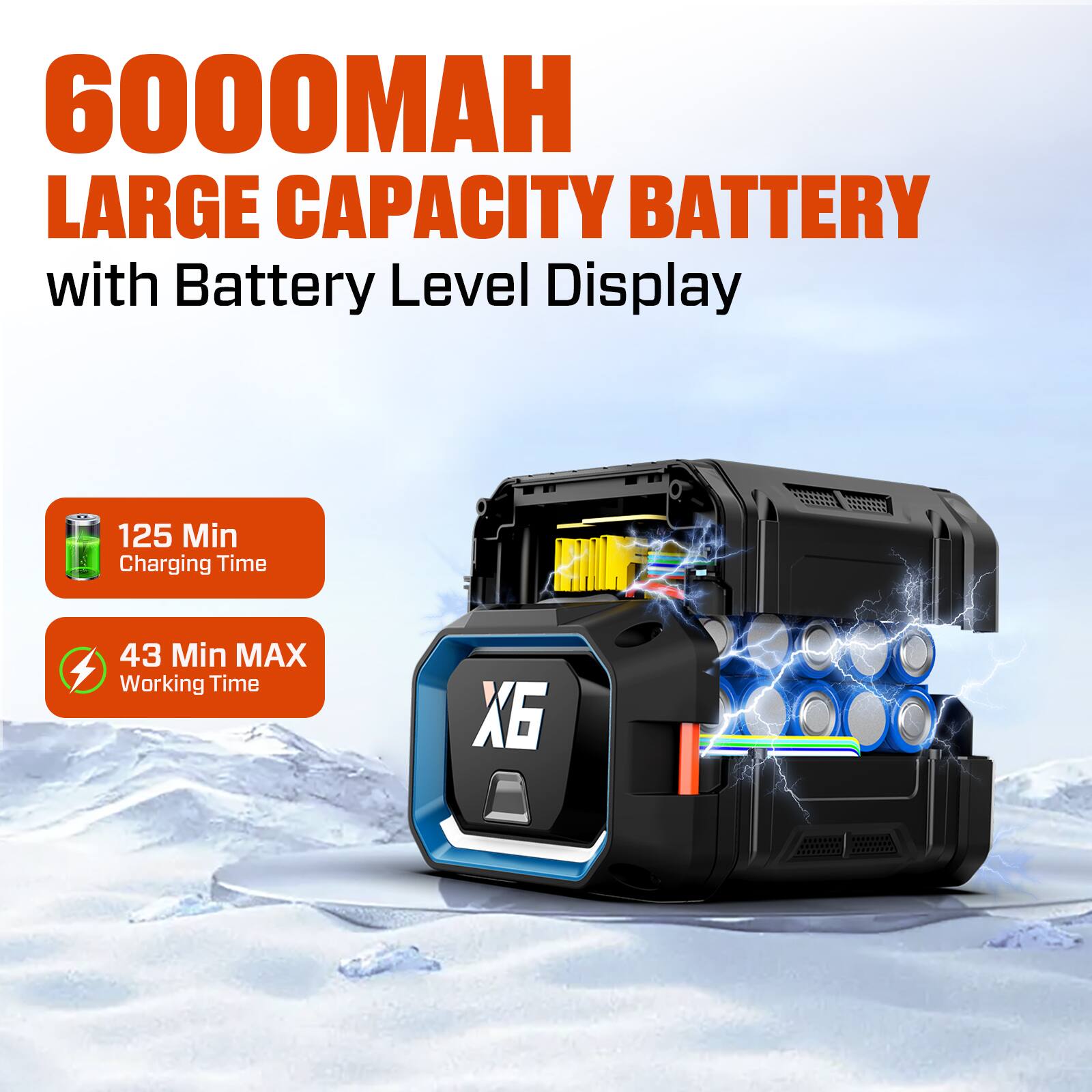 6000MAH LARGE CAPACITY BATTERY with Battery Level Display

125 Min Charging Time

43 Min MAX Working Time