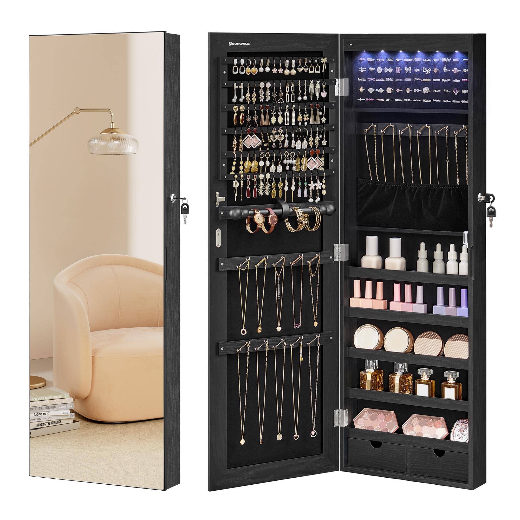 Songmics Home - Hanging Jewelry Cabinet, Wall-Mounted Cabinet with LED Interior Lights, Door-Mounted Jewelry Organizer - Black price history on PriceWatchPro