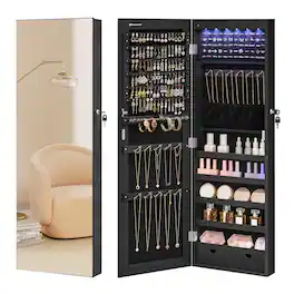 Songmics Home - Hanging Jewelry Cabinet, Wall-Mounted Cabinet with LED Interior Lights, Door-Mounted Jewelry Organizer - Black