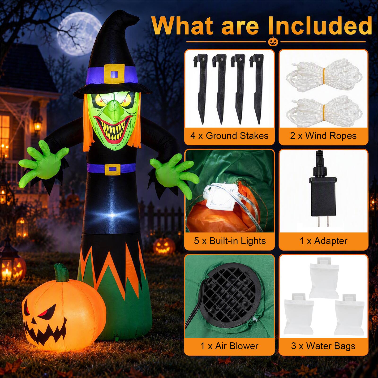 What are Included

4 X Ground Stakes  
2 X Wind Ropes  
5 X Built-in Lights  
1 X Adapter  
1 X Air Blower  
3 X Water Bags