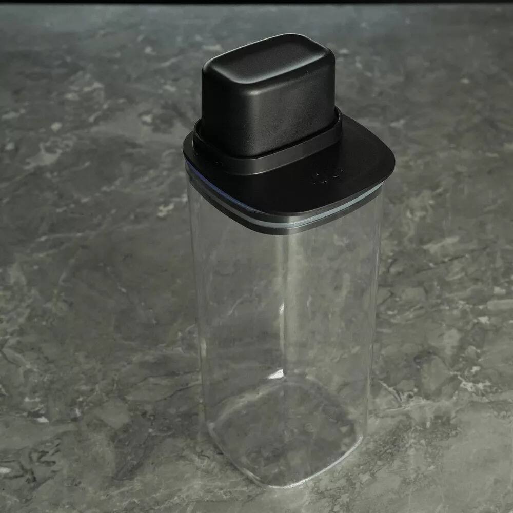 Back. OU - Airtight Food Storage Container 2‑Pack, 6 Cup BPA‑Free Plastic Pantry Organizer w/ Measuring Lids - Black.