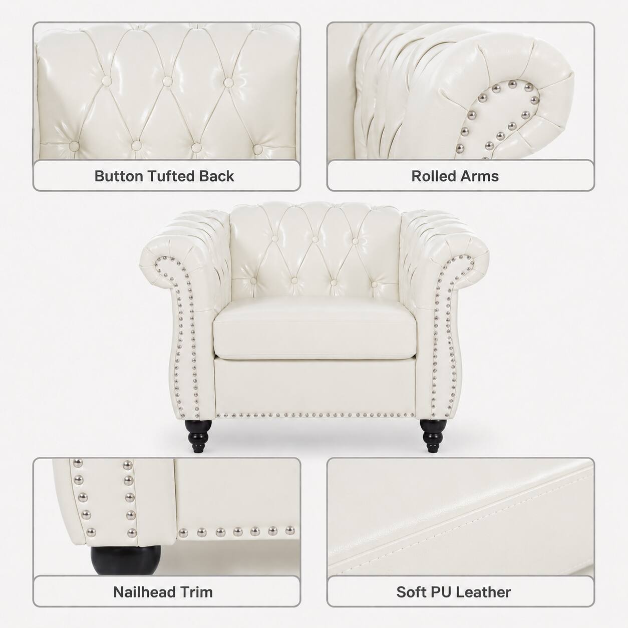 A white button-tufted back, rolled arms, nailhead trim, and soft PU leather sofa.