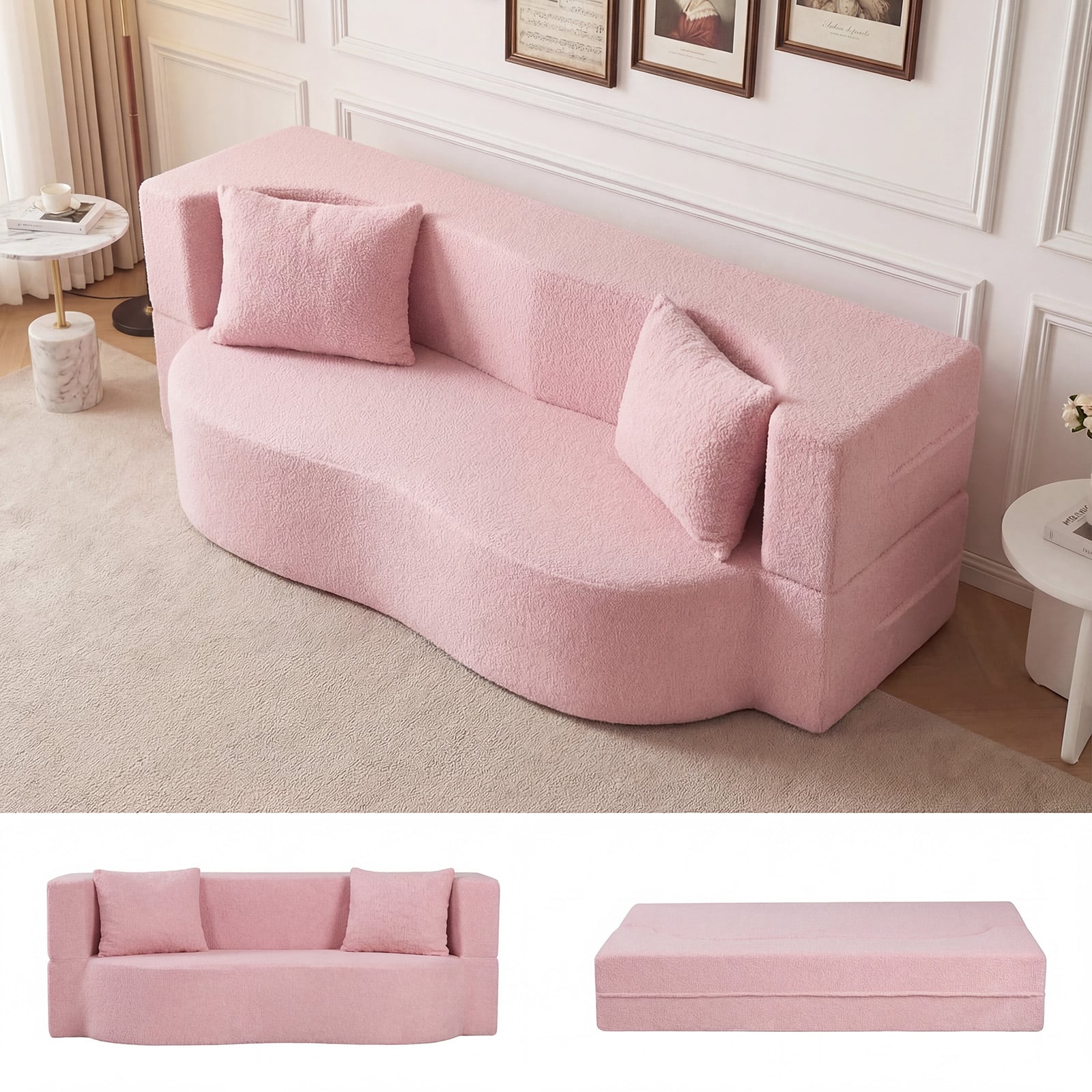 Gymax - 75.5'' Folding Sofa Bed w/2 Comfortable Pillows No Assembly Needed for Guest Room Pink - Pink