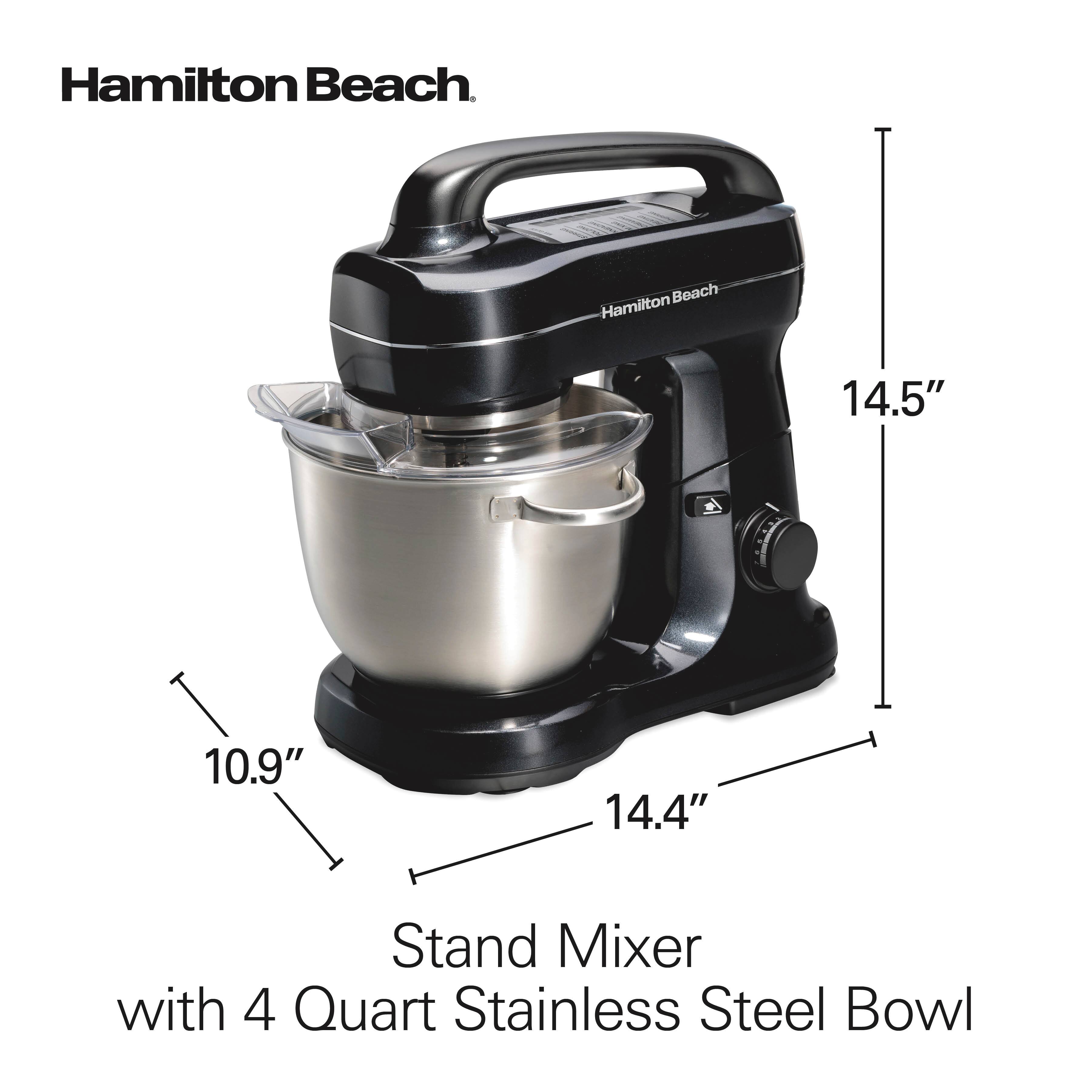 Hamilton Beach Stand Mixer with 4 Quart Stainless Steel Bowl  
Dimensions: 14.5" (height), 14.4" (width), 10.9" (depth)