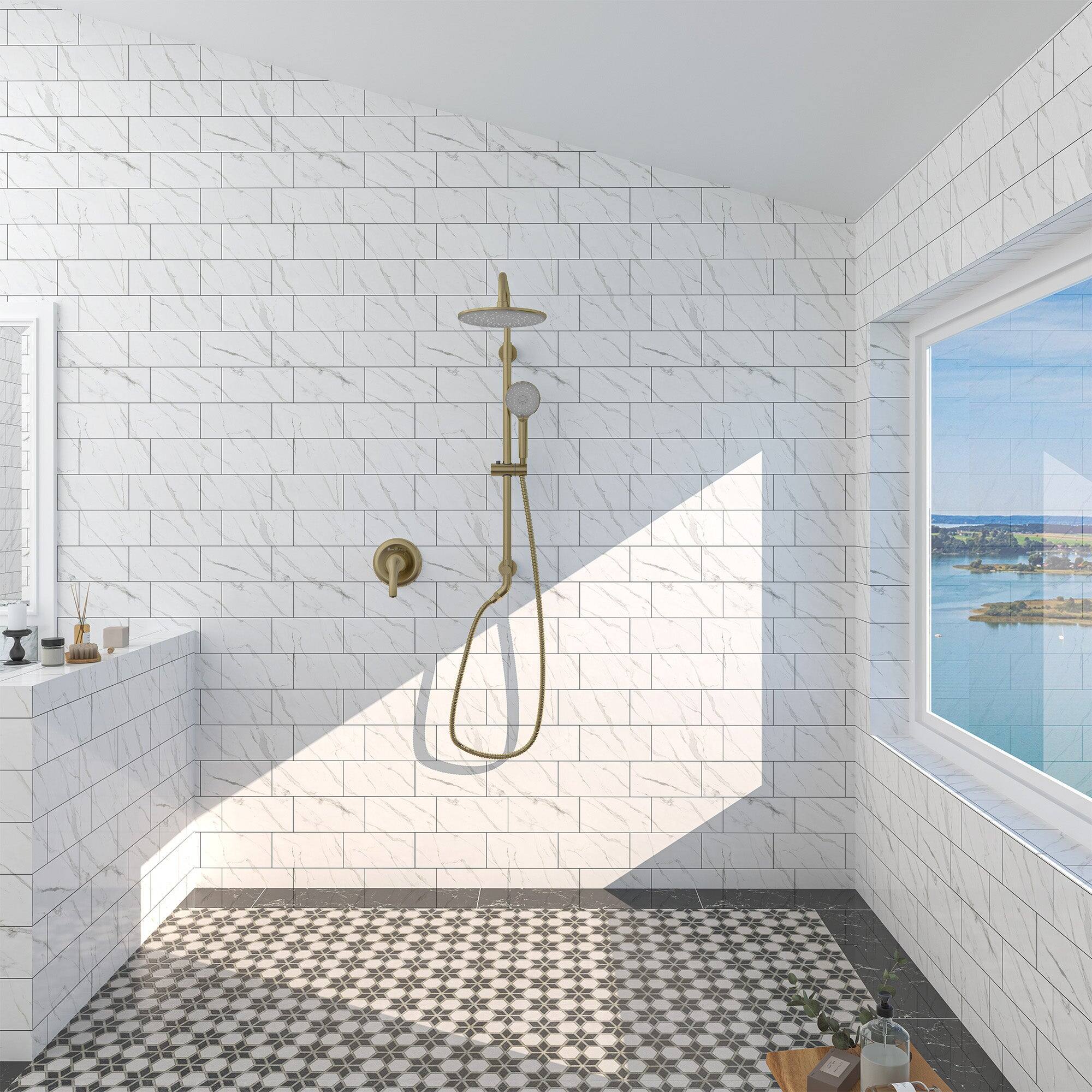 Alt View 4. Boyel Living - 3-Spray Patterns with 2.5 GPM 10 in. Wall Mount Dual Shower Heads with Pressure Balance Valve in Brushed Gold - Brushed Gold.