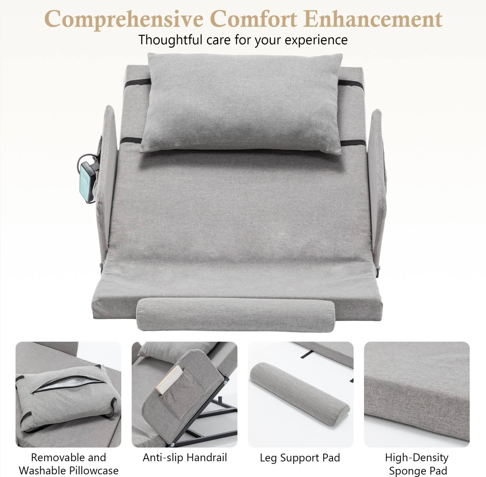 Comprehensive Comfort Enhancement  
Thoughtful care for your experience  

- Removable and Washable Pillowcase  
- Anti-slip Handrail  
- Leg Support Pad  
- High-Density Sponge Pad