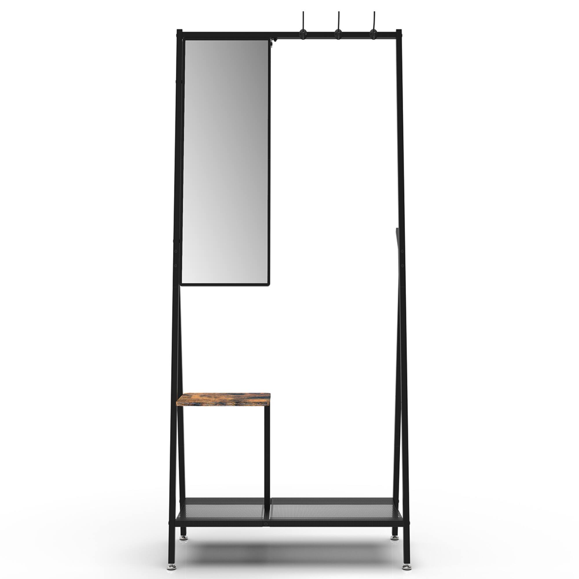Alt View 6. GOODSILO - Multifunctional Wall-Mounted Coat Rack with Integrated Mirror and Shoe Storage for Entryway Organization - Black+Brown.