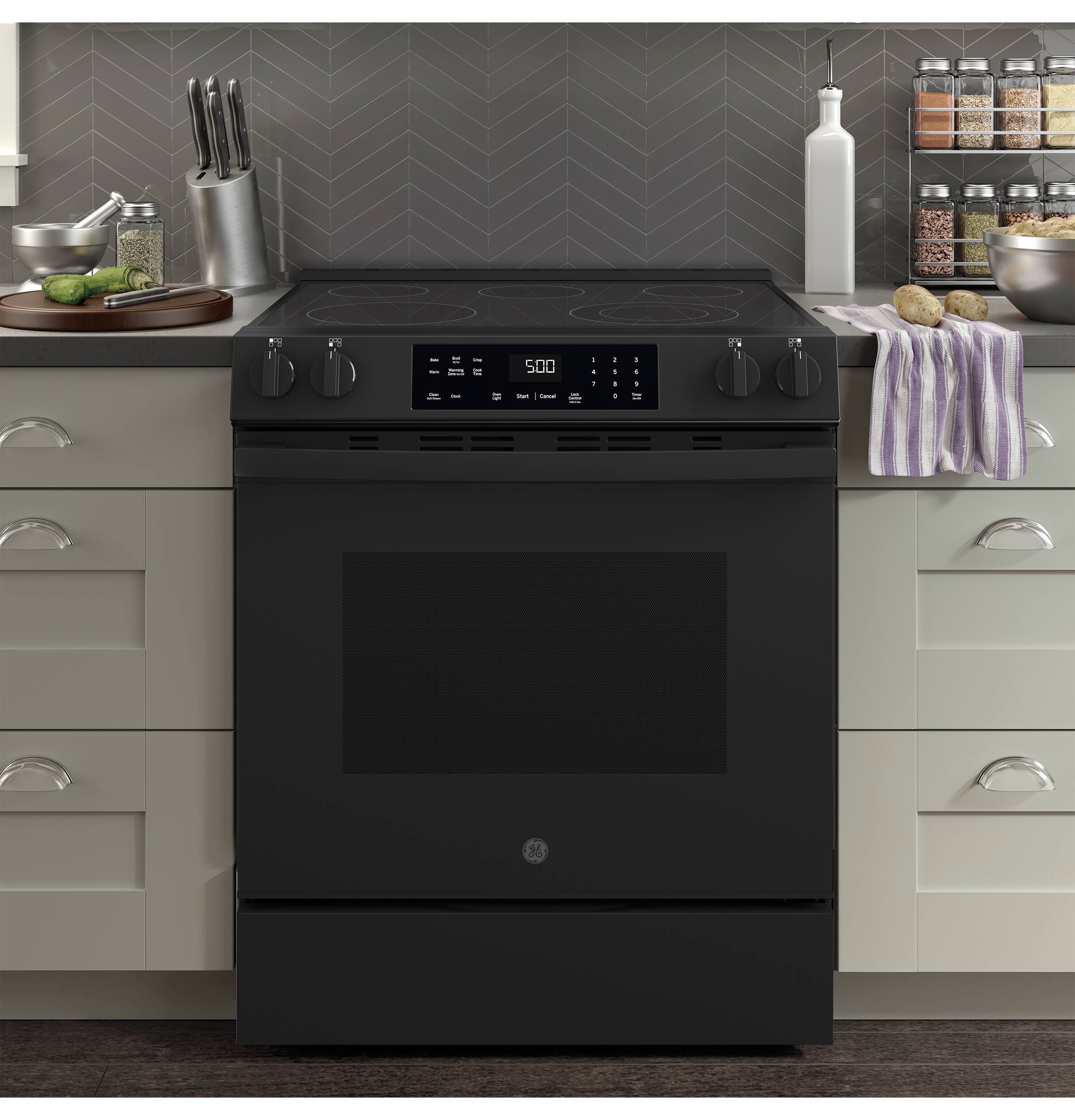 Alt View 5. GE - 5.3 Cu. Ft. Slide-In Electric Range with Self-Clean and Steam Cleaning Option and Crisp Mode - Black.