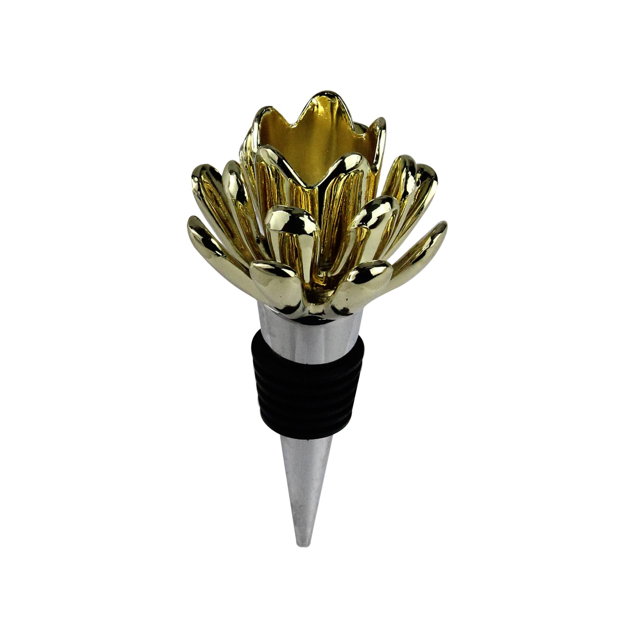Alt View 1. Wild Eye - 4" Handcrafted Gold Flower Stainless Steel Wine Bottle Stopper and Candle Holder - Gold.