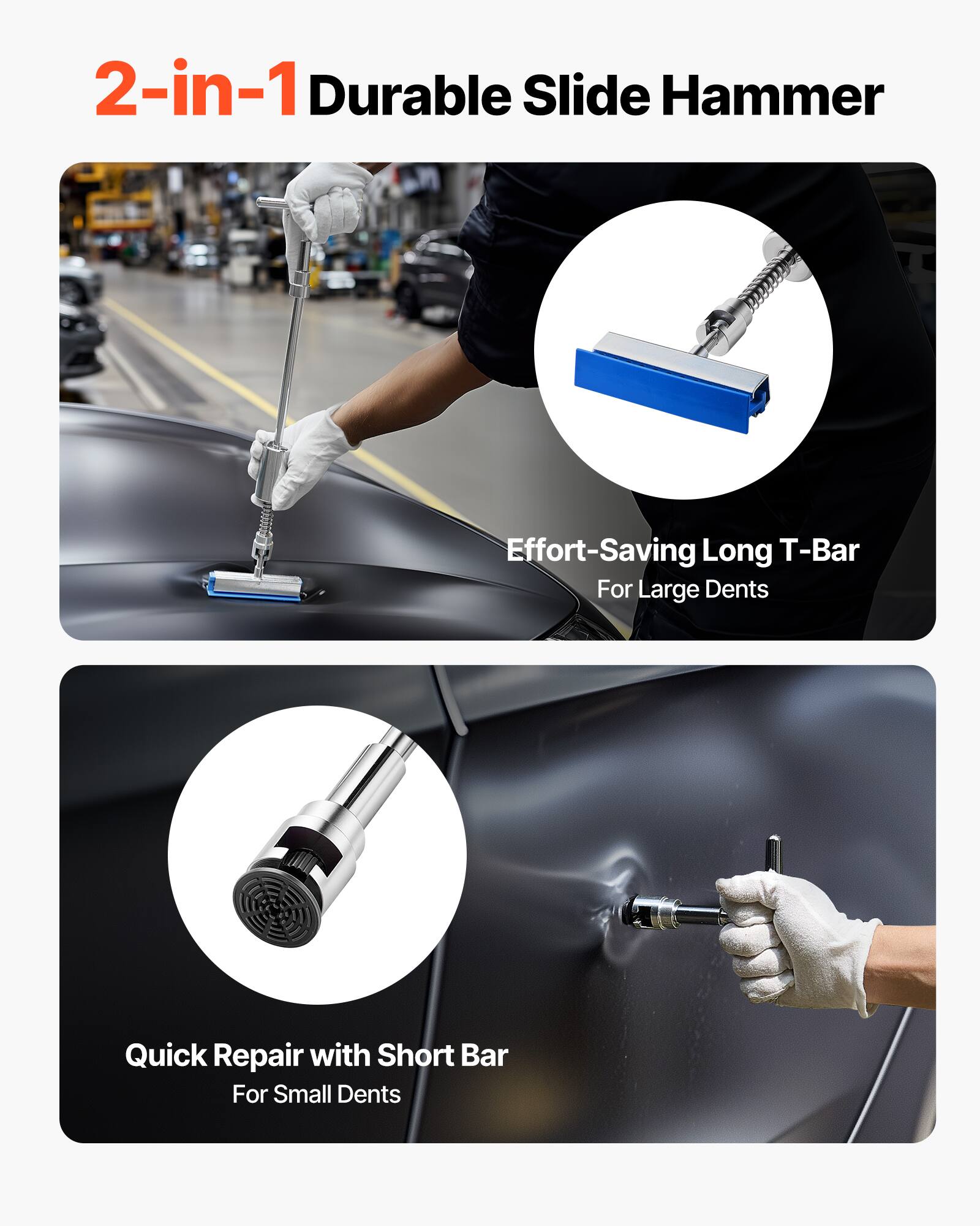 2-in-1 Durable Slide Hammer Effort-Saving Long T-Bar For Large Dents Quick Repair with Short Bar For Small Dents