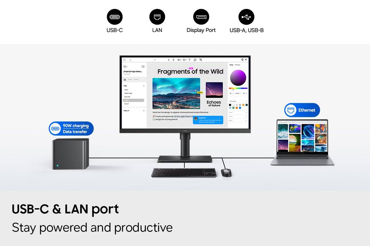USB-C  
LAN  
Display Port  
USB-A, USB-B  

Fragments of the Wild  
90W charging Data transfer  

- - design more polished empowering where Light Pinams Stersign for up Duing inones  
Echoes of Nature  

Ethernet  

USB-C & LAN port  
Stay powered and productive