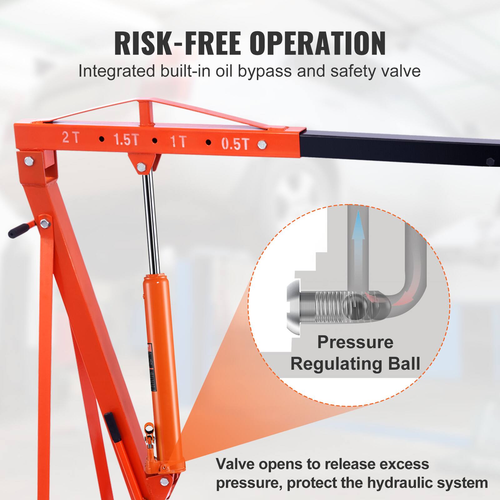 RISK-FREE OPERATION  
Integrated built-in oil bypass and safety valve  
2T 1.5T 1T 0.5T  
Pressure Regulating Ball Valve opens to release excess pressure, protect the hydraulic system