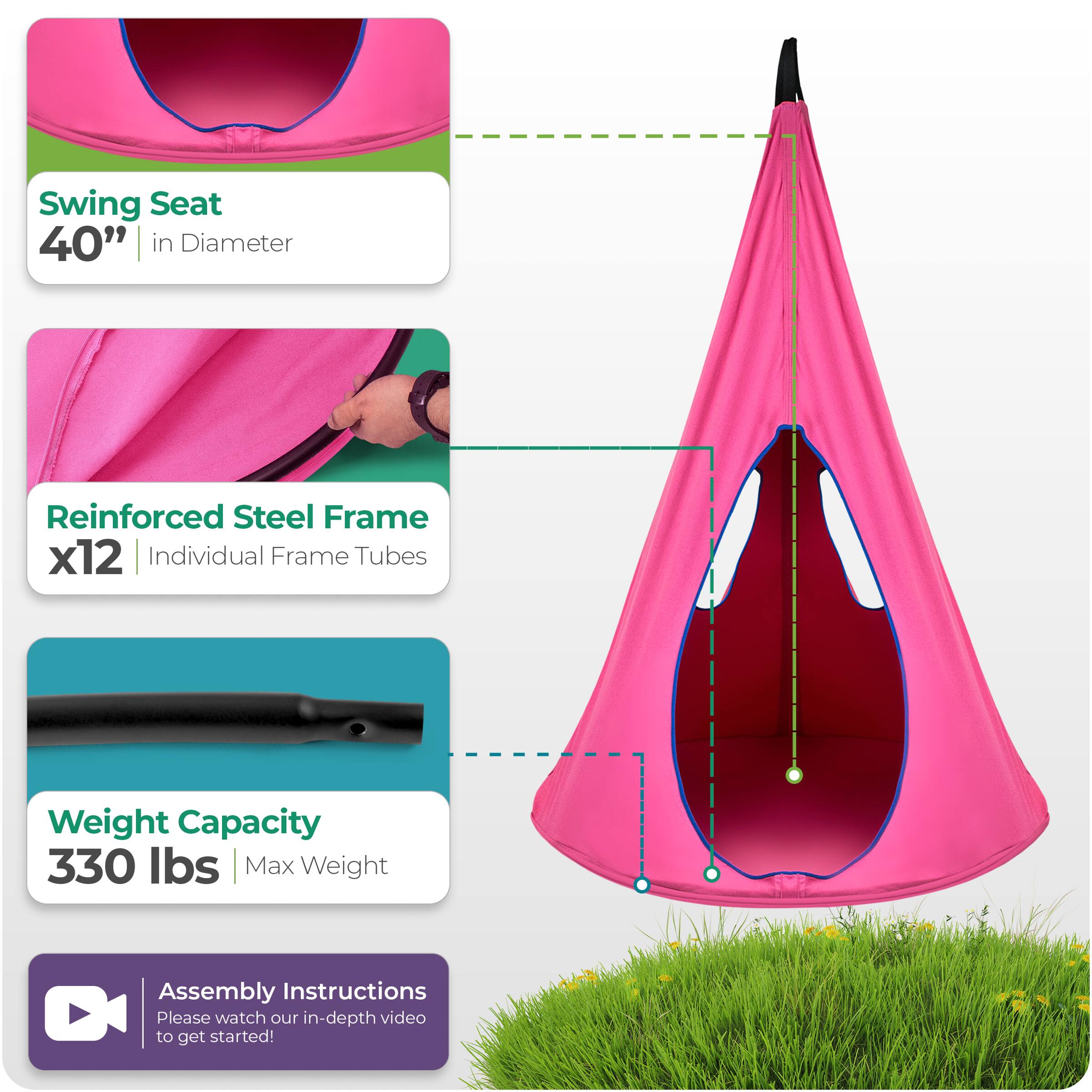 - Swing Seat: 40" in Diameter
- Reinforced Steel Frame: x12 Individual Frame Tubes
- Weight Capacity: 330 lbs Max Weight
- Assembly Instructions: Please watch our in-depth video to get started!