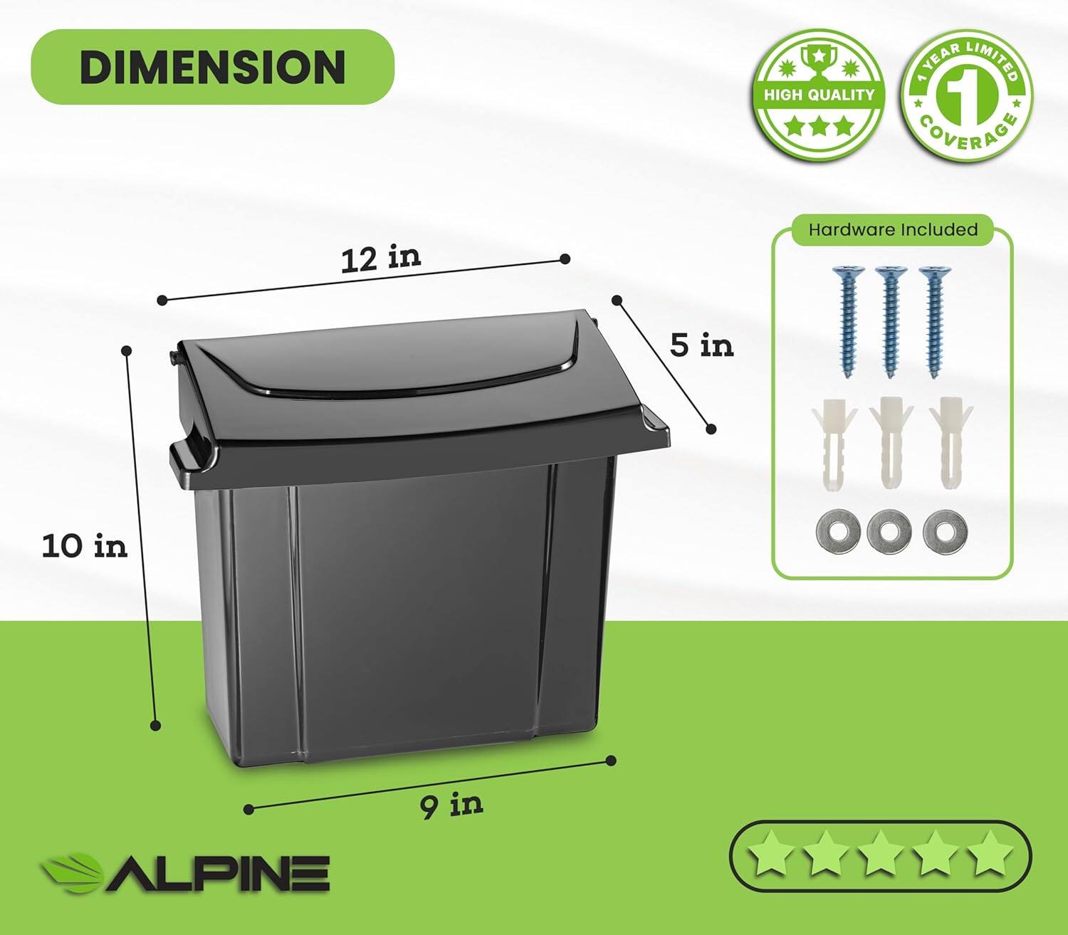 DIMENSION: 12 in x 10 in x 9 in  
YEAR LIMITED: 1  
HIGH QUALITY: 1  
COVERAGE: 1  
Hardware Included: III  
ALPINE