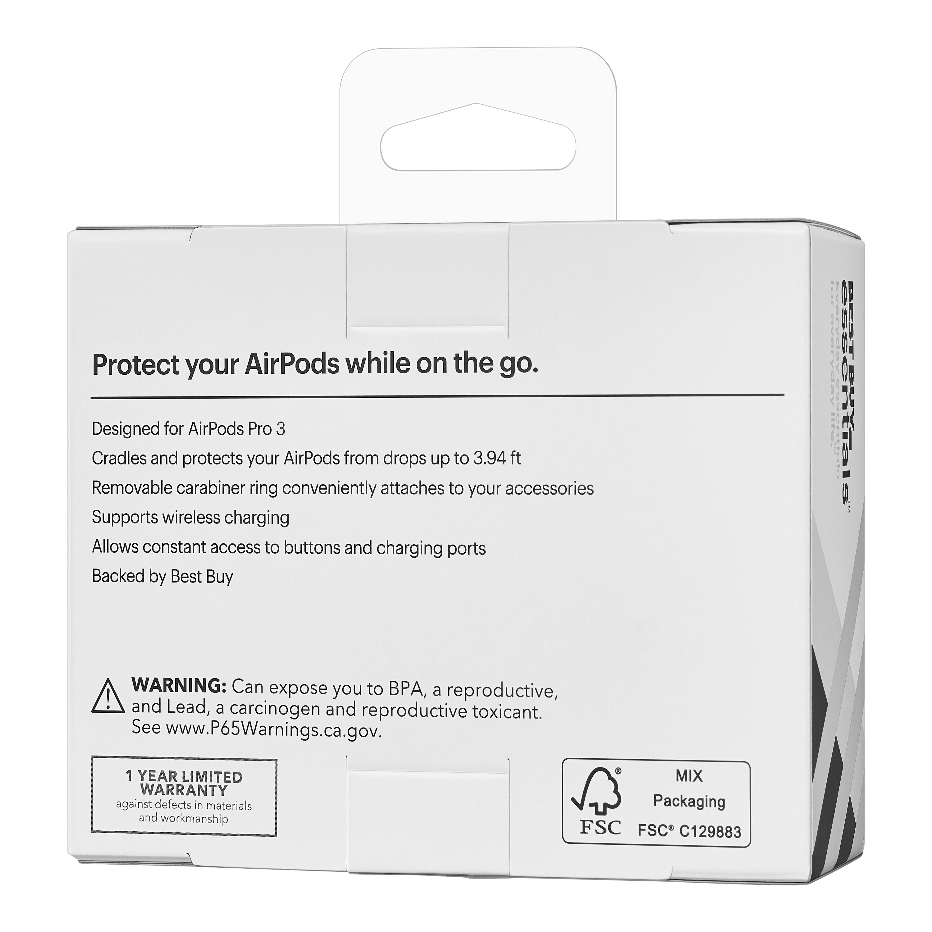 Protect your AirPods while on the go.  
Designed for AirPods Pro 3  
Cradles and protects your AirPods from drops up to 3.94 ft  
Removable carabiner ring conveniently attaches to your accessories  
Supports wireless charging  
Allows constant access to buttons and charging ports  
Backed by Best Buy  

WARNING: Can expose you to BPA, a reproductive, and Lead, a carcinogen and reproductive toxicant. See www.P65Warnings.ca.gov.  

1 YEAR LIMITED WARRANTY against defects in materials and workmanship  

MIX Packaging  
FSC FSC C129883
