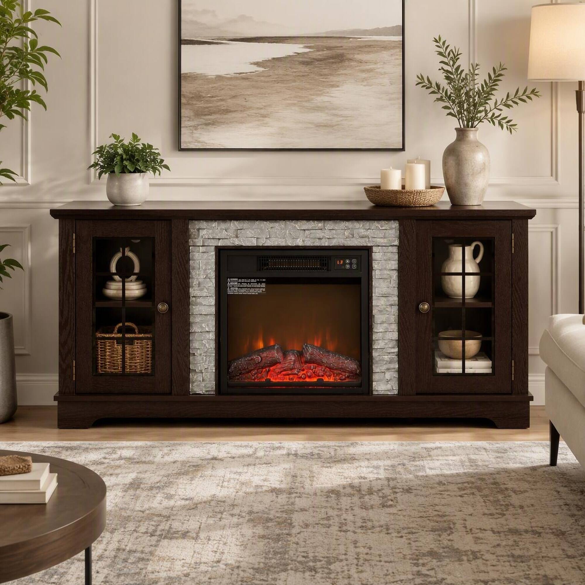 Front. RYHNUYNE - 58-Inch Modern Media Console with 18-Inch Electric Fireplace, Faux Stone Accent, White Finish, Two-Door Storage - Cherry.