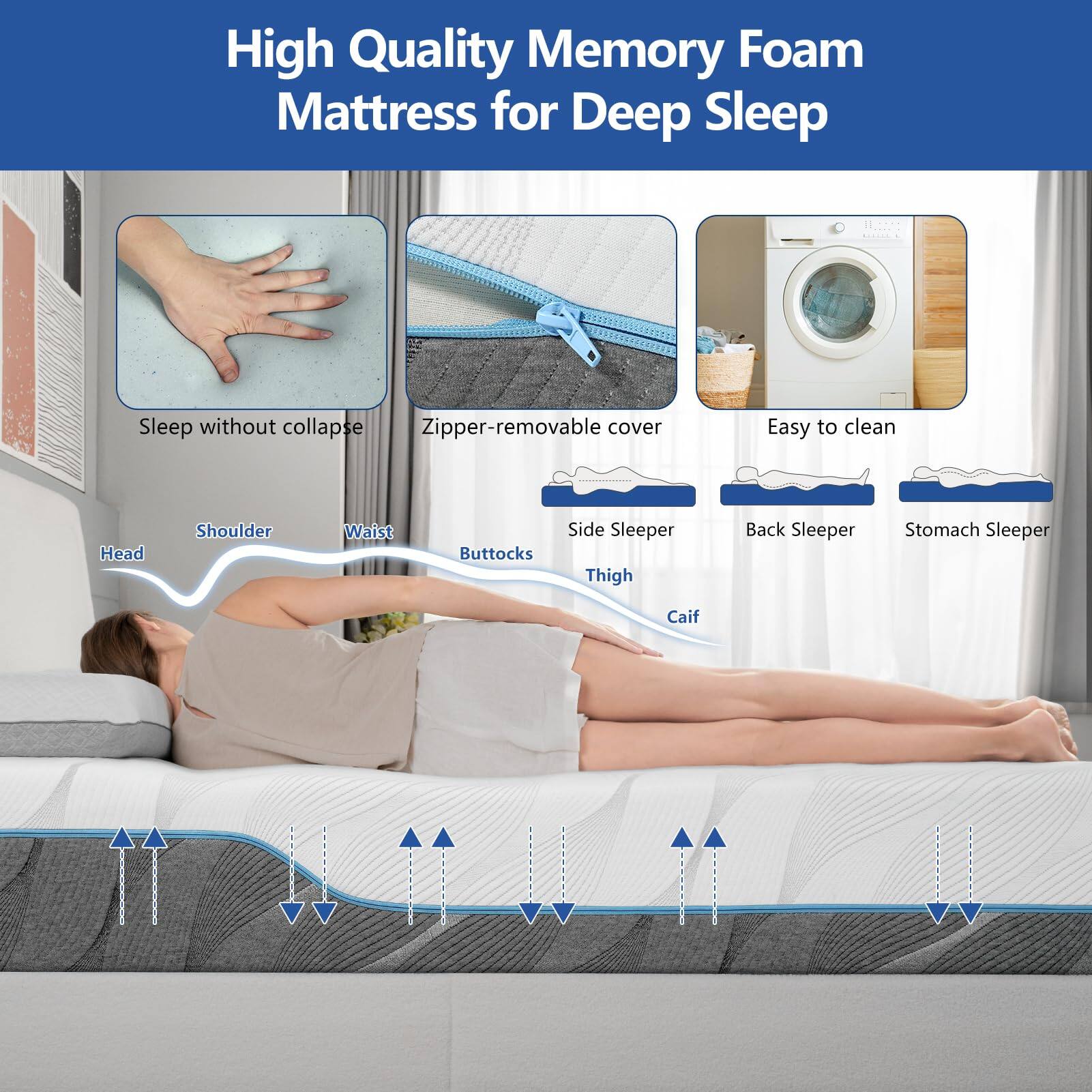 High Quality Memory Foam Mattress for Deep Sleep

- Sleep without collapse
- Zipper-removable cover
- Easy to clean

Supports:
- Head
- Shoulder
- Waist
- Buttocks
- Thigh
- Caif

Suitable for:
- Side Sleeper
- Back Sleeper
- Stomach Sleeper