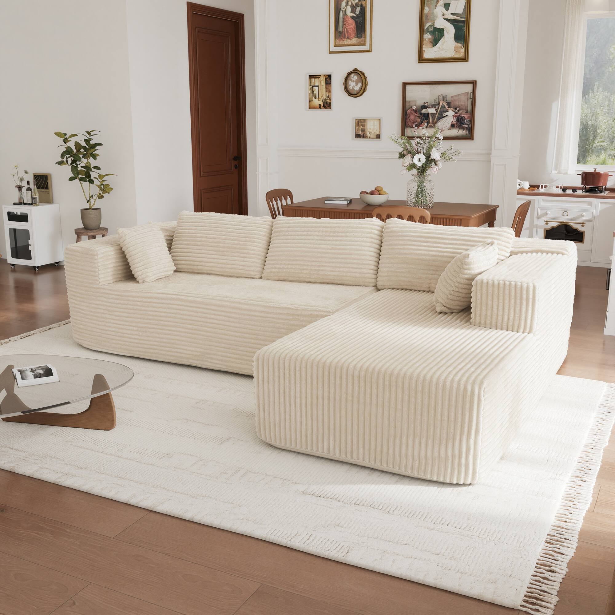 Back. FUFU & GAGA - Modular L-Shaped Corduroy Sofa with Chaise - 106" Light Beige Convertible Boneless Couch for Small & Large Living Rooms - Beige.